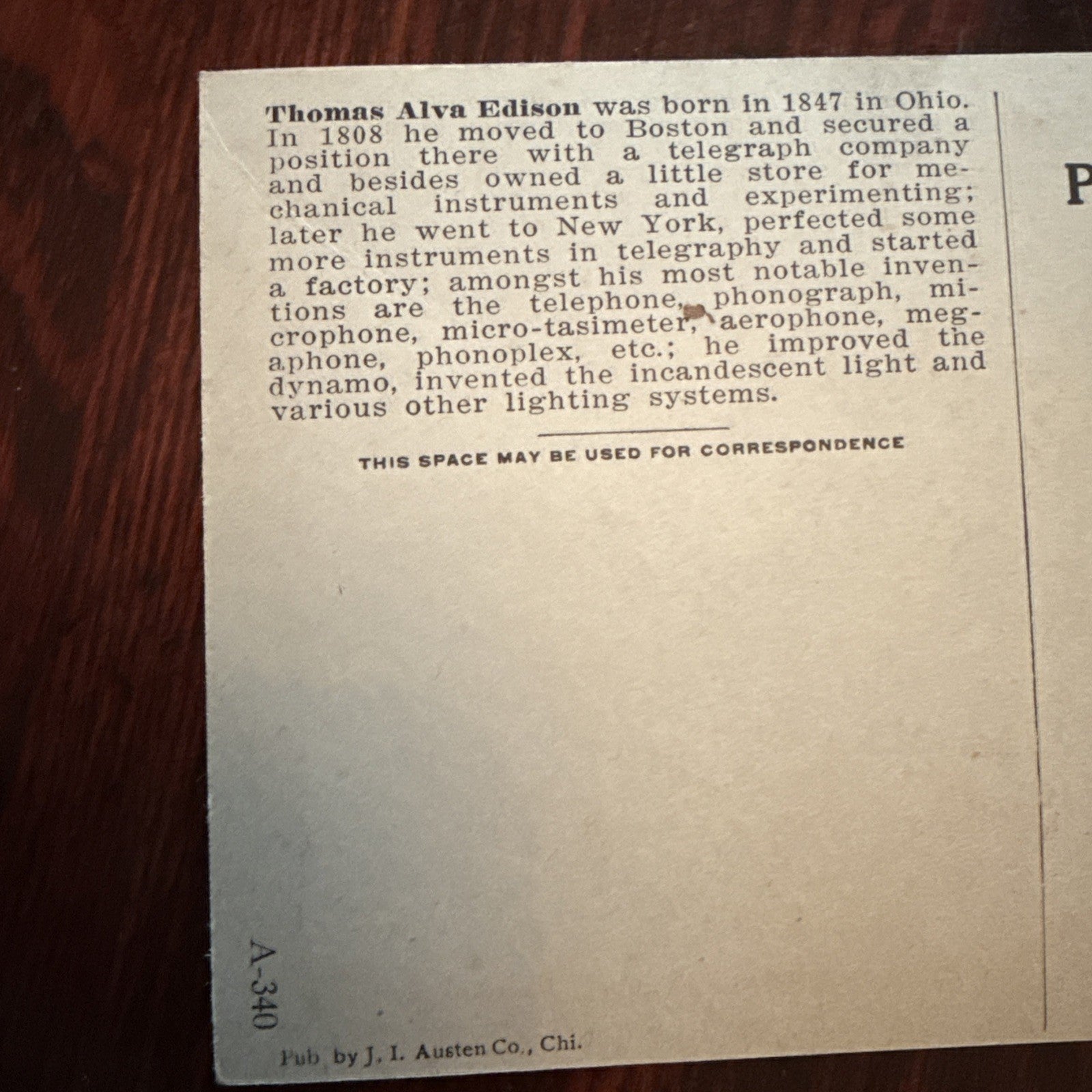 Thomas Alva Edison by J I Austen Postcard Anvil Ship Plane Train c1910's *Scarce