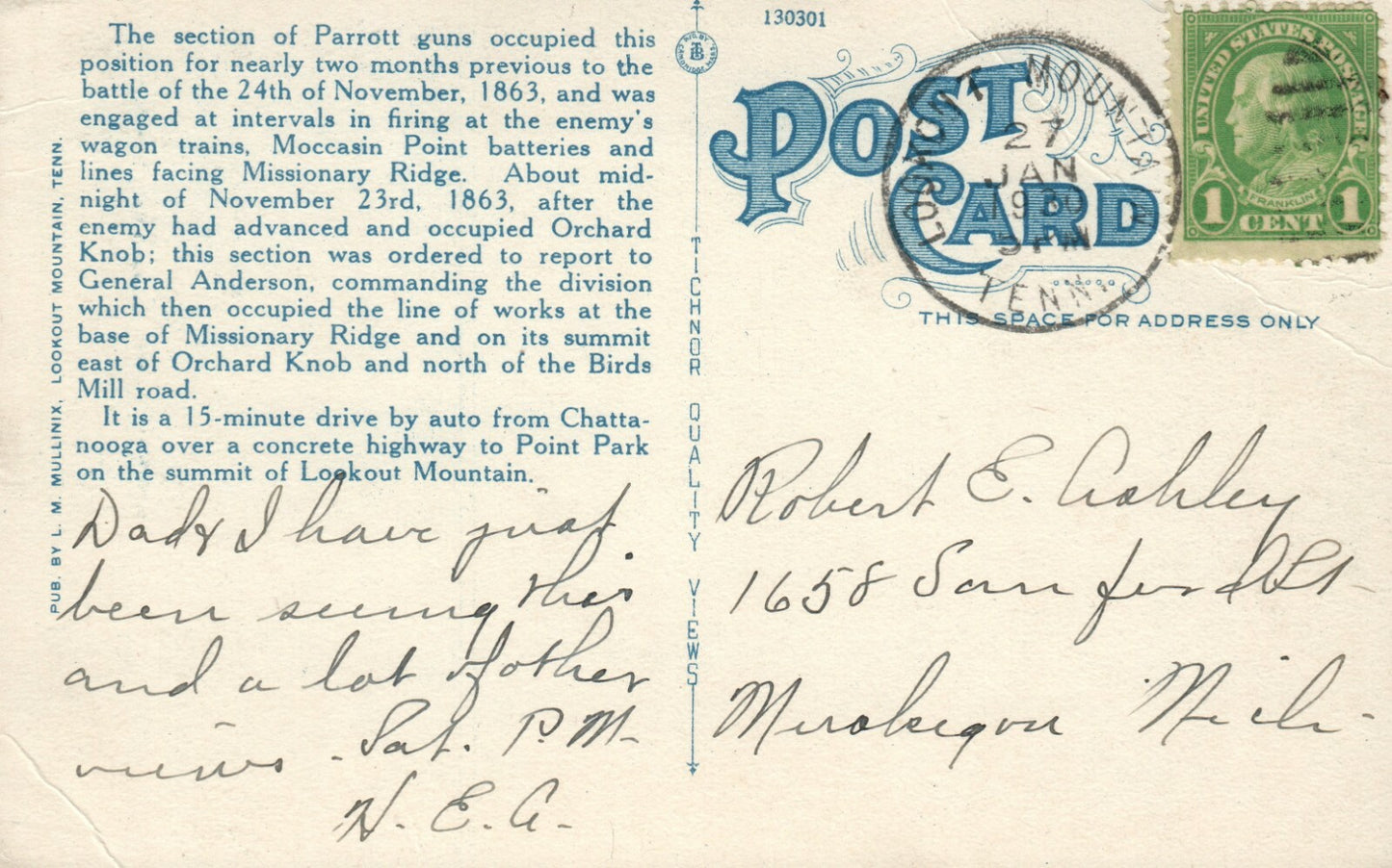 Garritys Alabama Battery Lookout Mountain Scenic View TN Tennessee Postcard