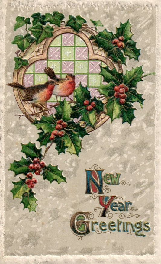 Birds By Stained Glass Window Holly Happy New Year Postcard Series 2511