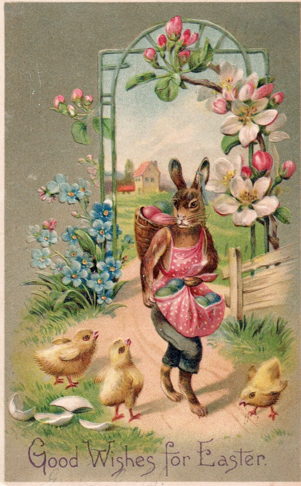 Good Wishes For Easter Rabbit Carrying Eggs w/ Chicks Vintage Easter Postcard