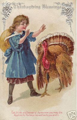 Thanksgiving Blessings Girl in Blue Turkey Embossed Children Postcard Series 2