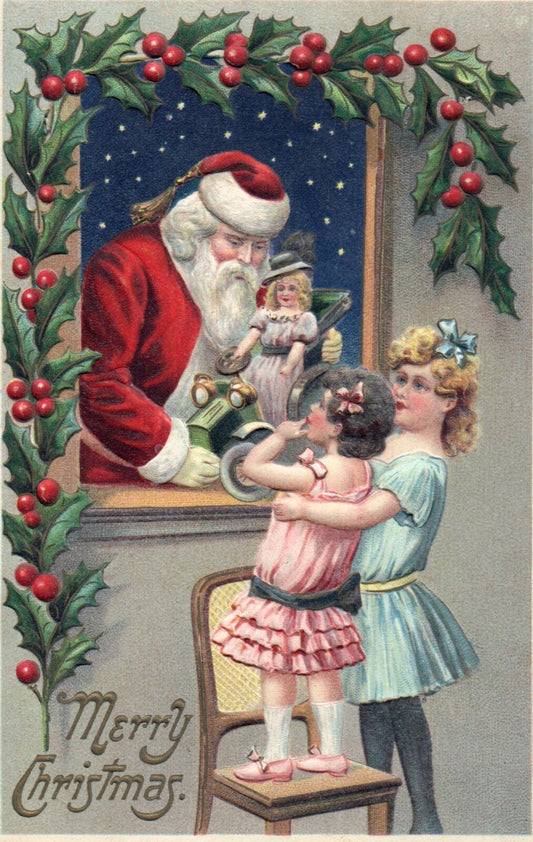 Merry Christmas Santa Giving Gifts Through the Window Vintage Santa Postcard