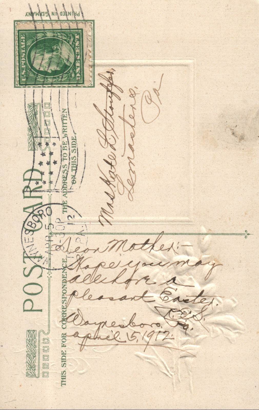 John Winsch Embossed Easter Postcard Black and White House On Water Flowers