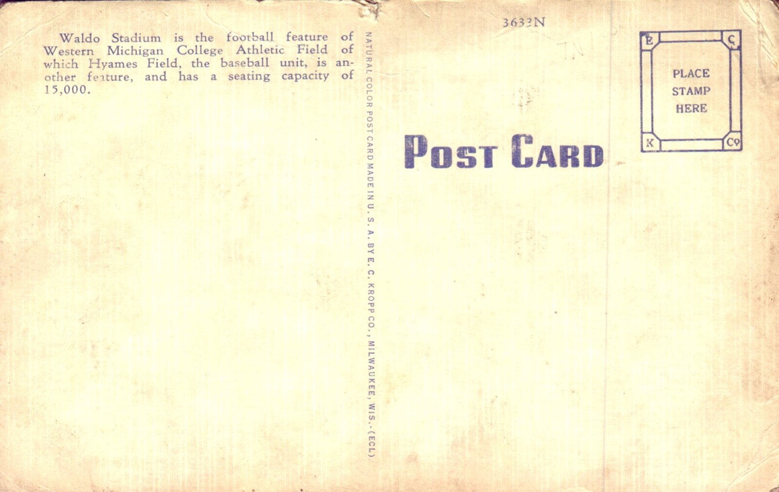 Waldo Stadium at Western Michigan College in Kalamazoo MI Michigan Postcard