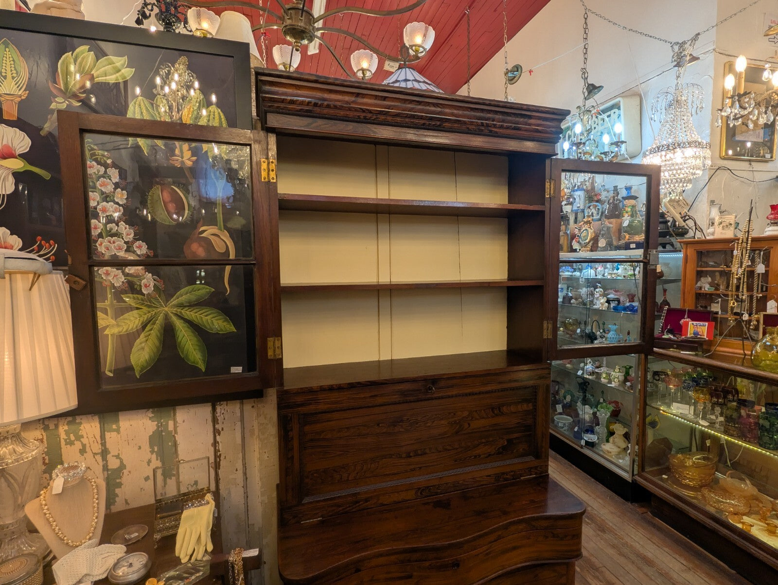 Victorian Antique Rosewood Grained Walnut Secretary Desk & Bookcase