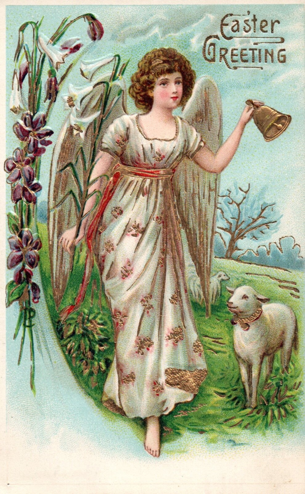 Easter Greetings Angel with Lamb Gold Gilt Vintage Easter Postcard