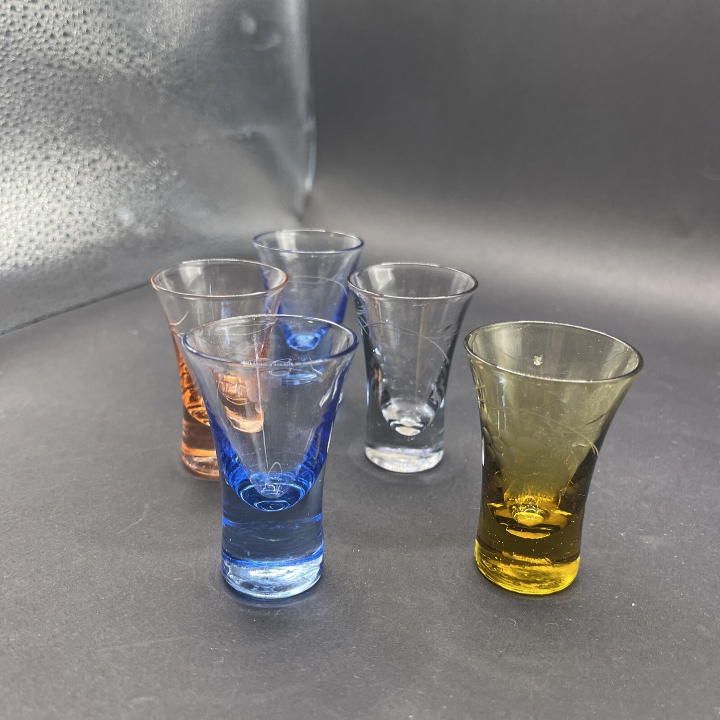 Barware VTG Shot Glass Set Of 5 Pastel Colored Bottoms Multi Color. 3.5" Tall