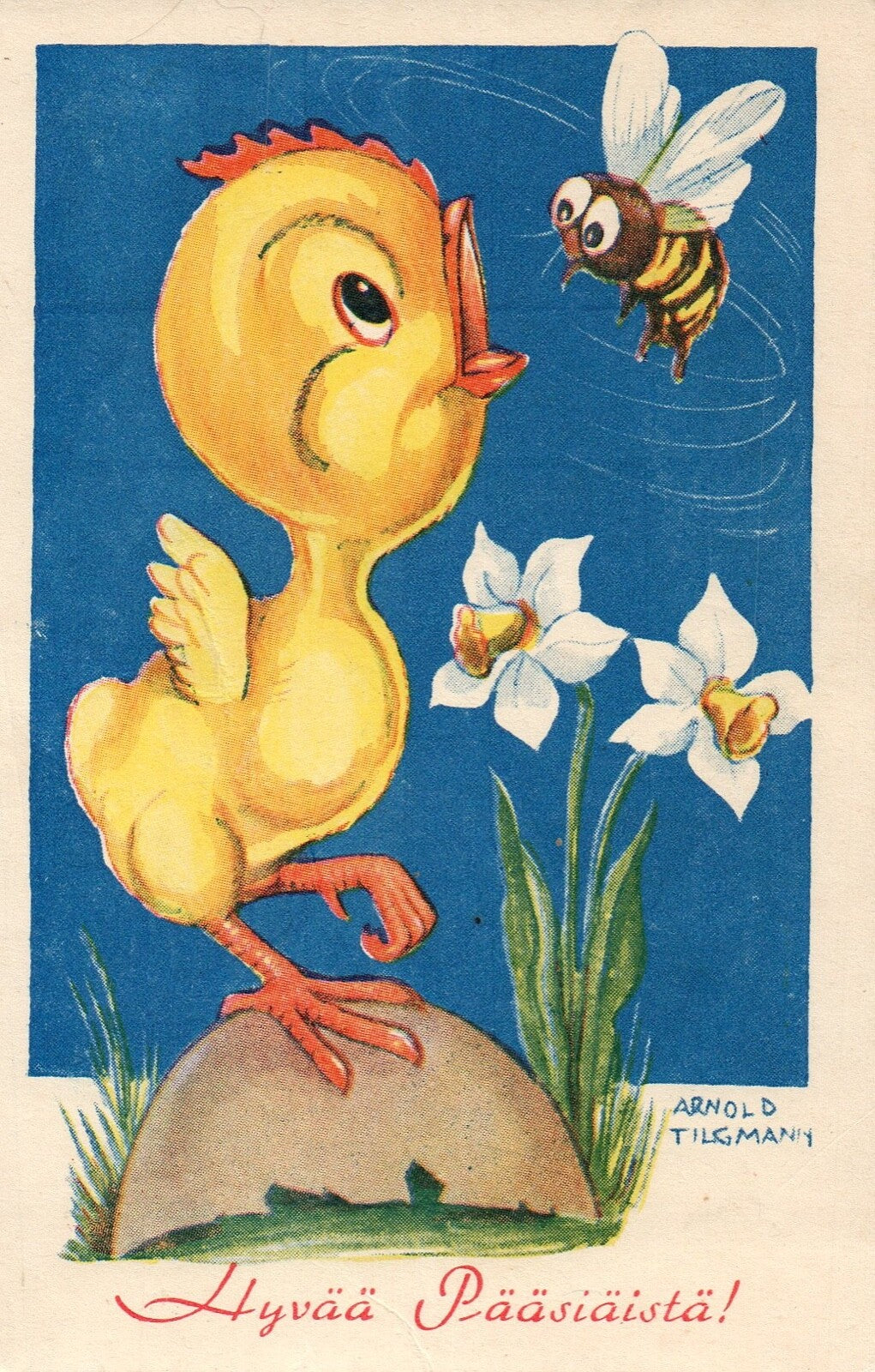 Hyvaa Paasiaista Arnold Tigmany  chick Easter Bumble Bee Vintage postcard