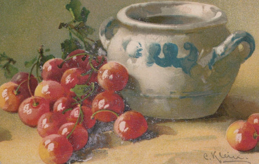 Vintage Catherine Klein Artist Signed Fruit Blue Swirled Pottery Vase Post Card