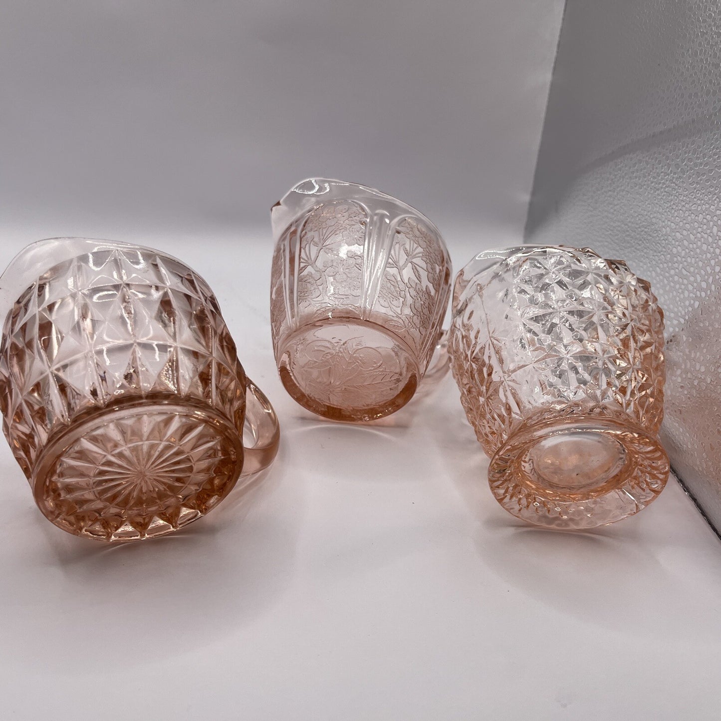 3 Depression Creamer/ Syrup Pitchers Pink Vintage
