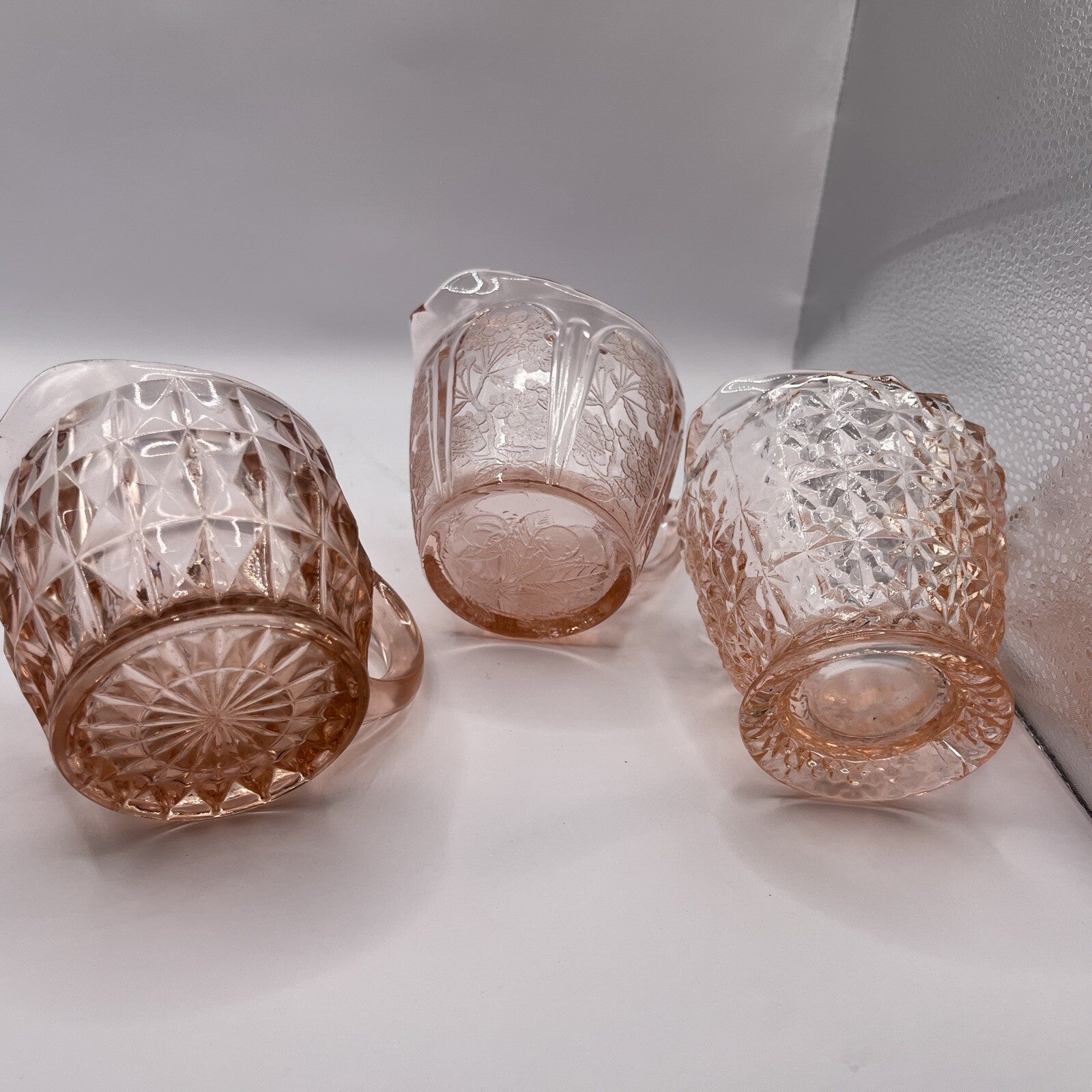 3 Depression Creamer/ Syrup Pitchers Pink Vintage