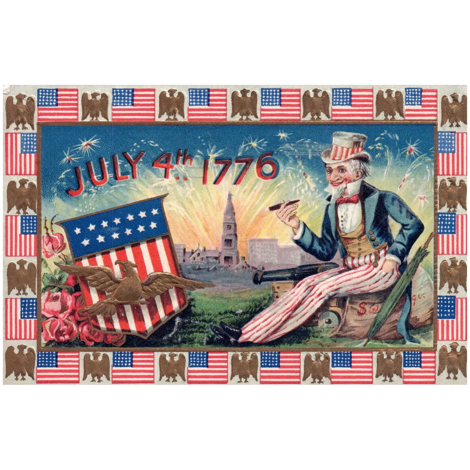 July 4th 1776 Uncle Sam Gold Embossed Vintage Patriotic Fourth of July Postcard