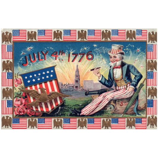 July 4th 1776 Uncle Sam Gold Embossed Vintage Patriotic Fourth of July Postcard