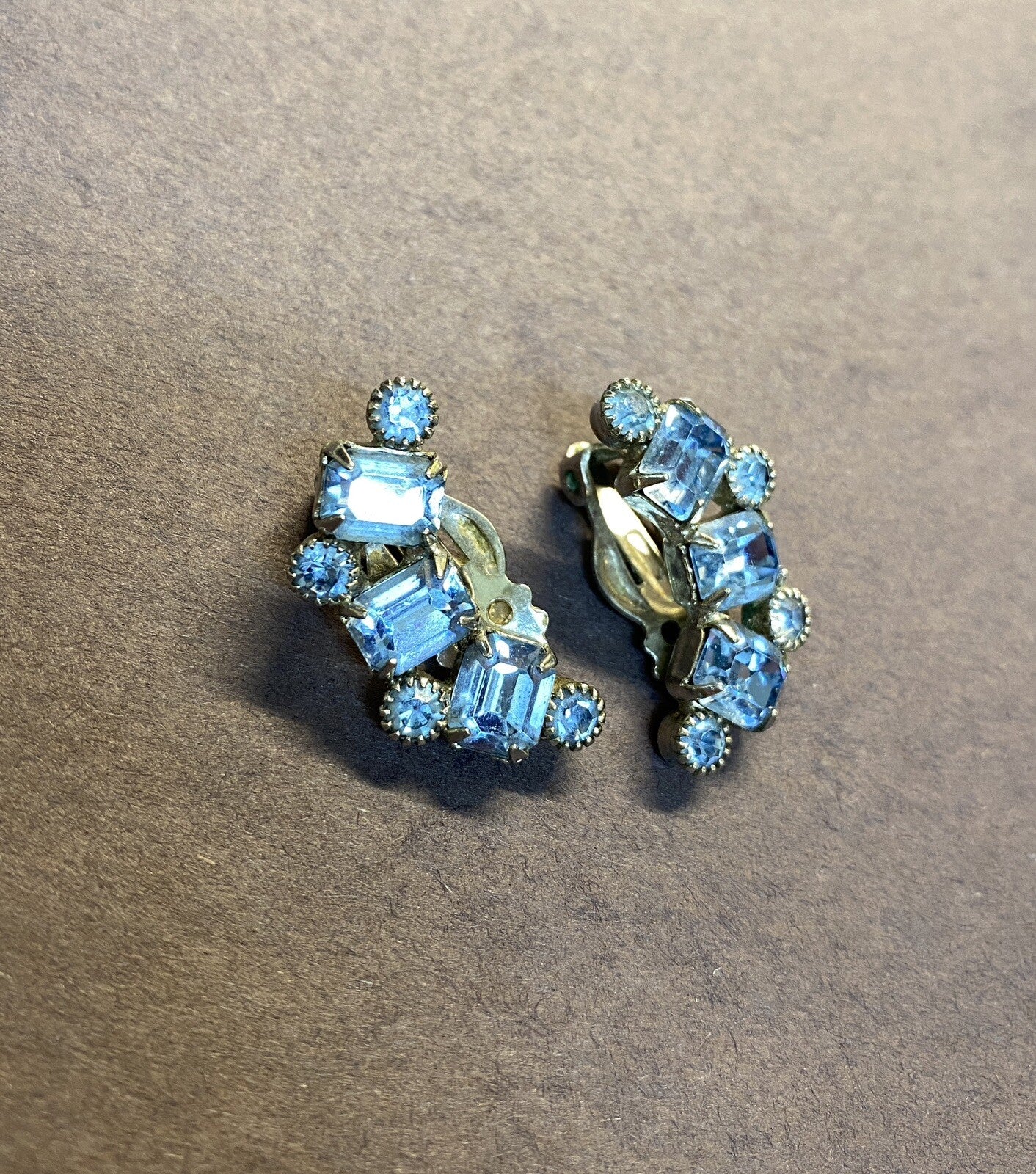 Authentic Vintage WEISS Baby Blue Crystal Rhinestone Clip-On EARRINGS crescent