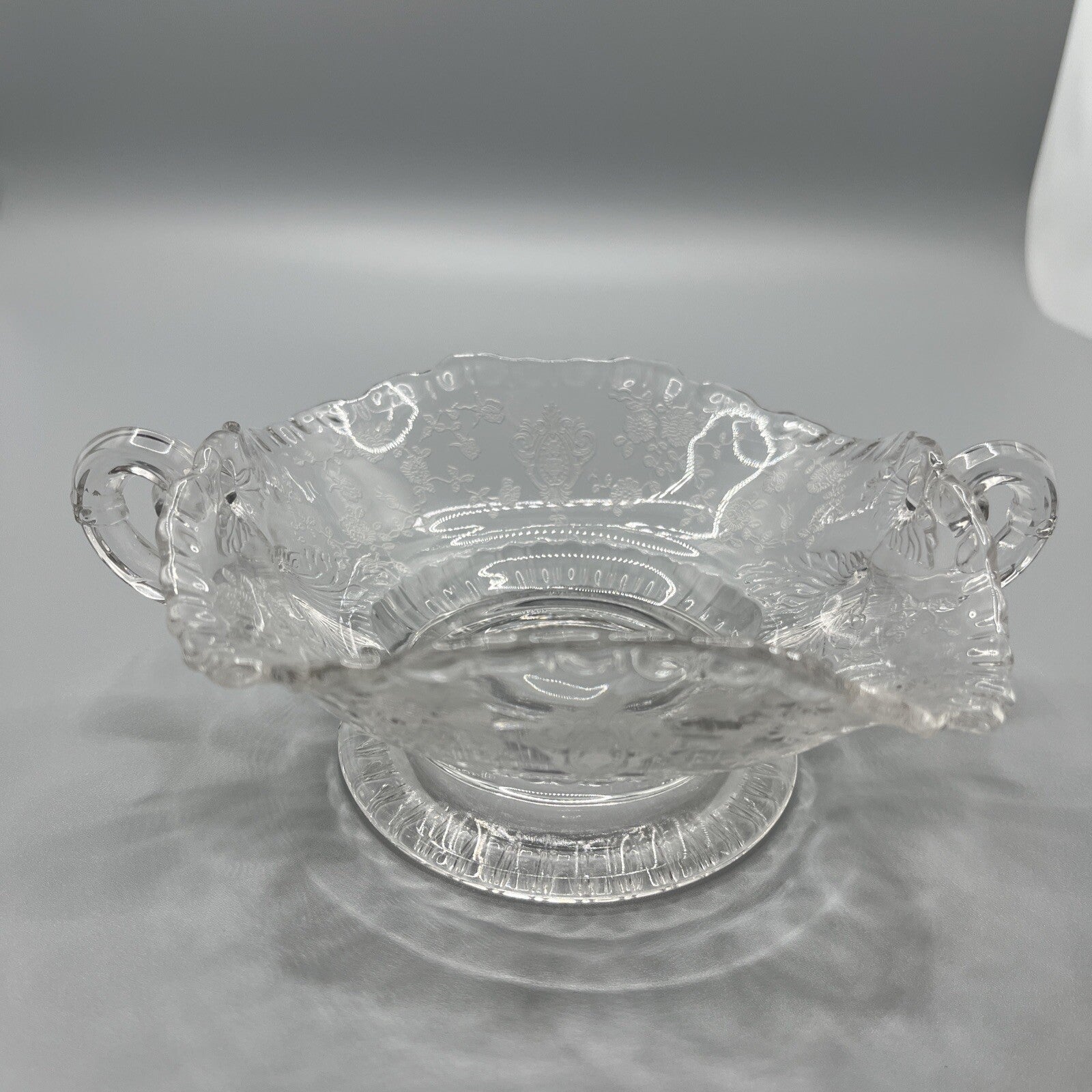 VINTAGE CAMBRIDGE GLASS ROSE POINT ETCH CANDY DISH ELEGANT