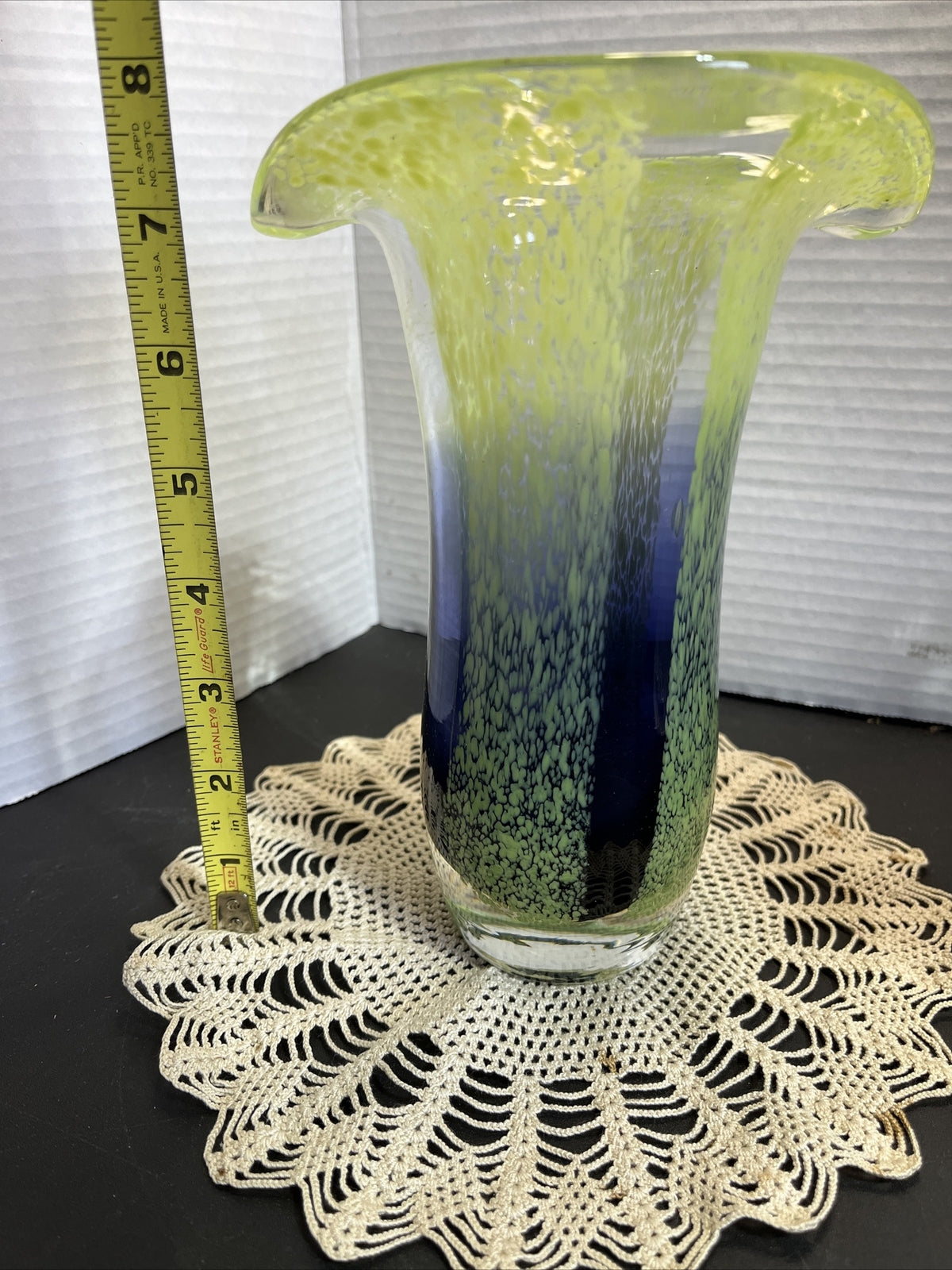 Vintage Teleflora Art Glass Vase Speckled Green Cobalt Blue Hand Blown 8”Tall