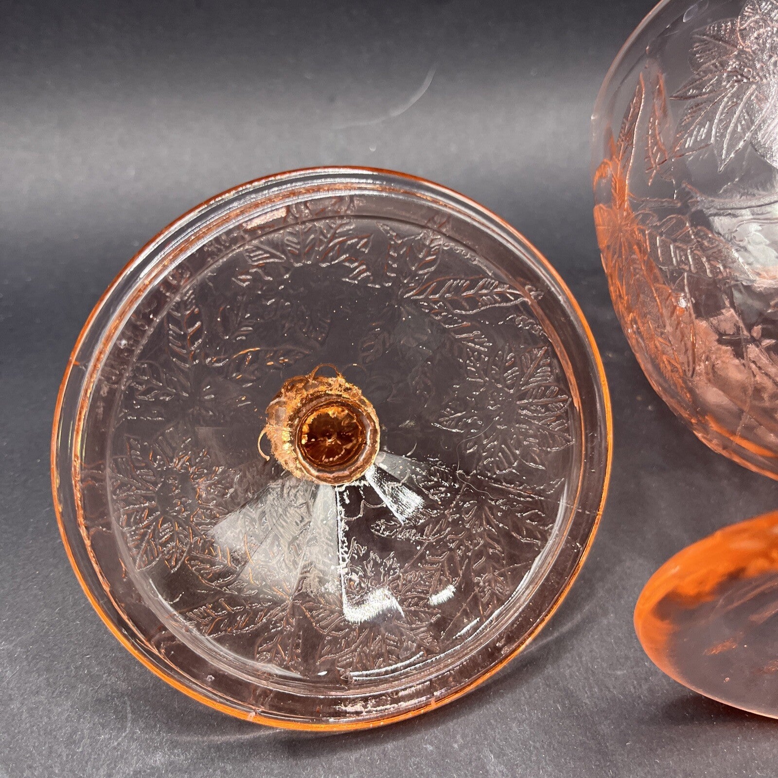Floral Pink Footed Glass Candy Dish and Lid By Jeanette 6-1/4”