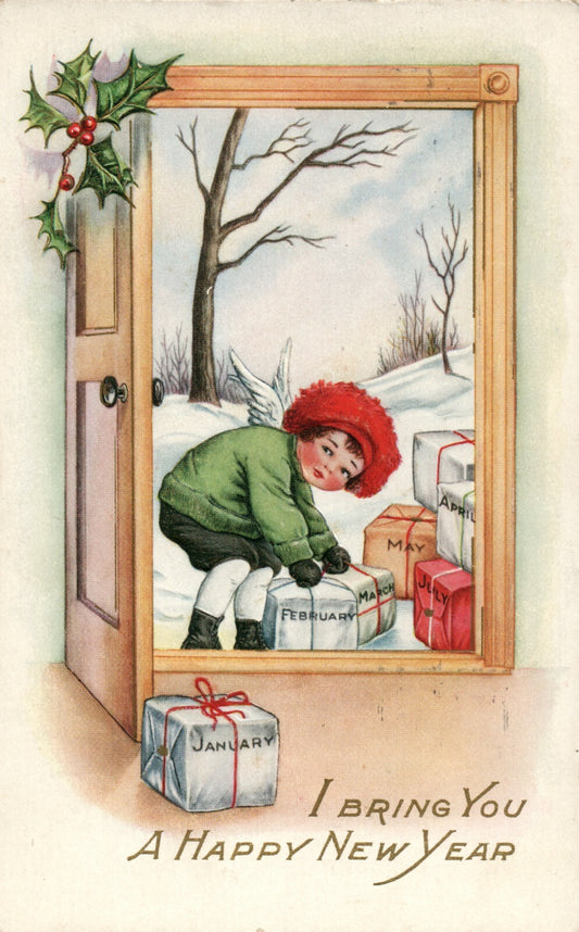 1917 Child angel delivering packages Happy New Year Postcard