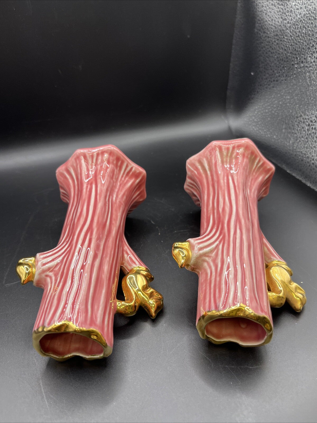 Vintage Pair Pink 22K Gold Holley Ross Squirrels in Tree Trunk Bud Vase 6" Tall