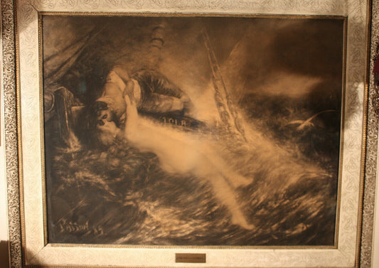 1889 Charcoal on Silk Art "Kiss of The Siren" Artist Signed Patton  CW Post 