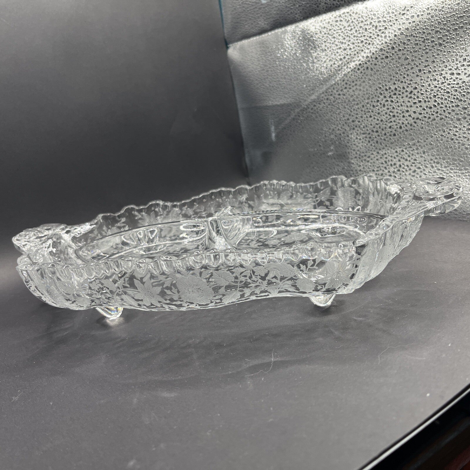 Cambridge Glass Clear 4 Toed 3 Part Relish Dish WILDFLOWER Etched