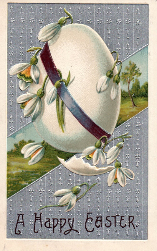 A Happy Easter Egg Embossed Silver Gilt Vintage Easter Postcard
