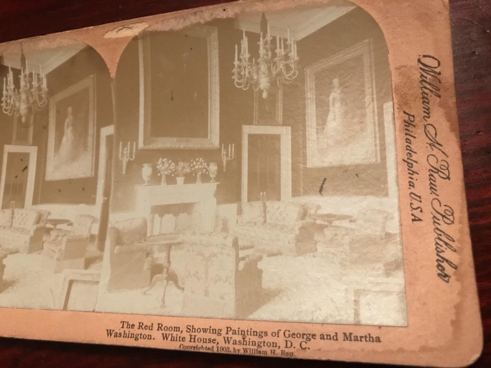 Real photo stereoview The Red room George Martha Washington White House DC