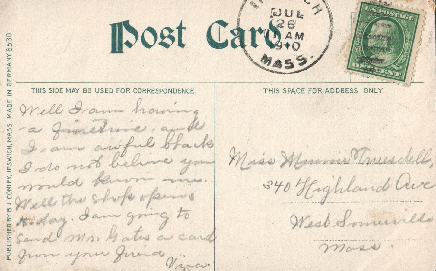 Steamer Carlotta at Little Neck, Ipswich, Massachusetts Mass Postcard