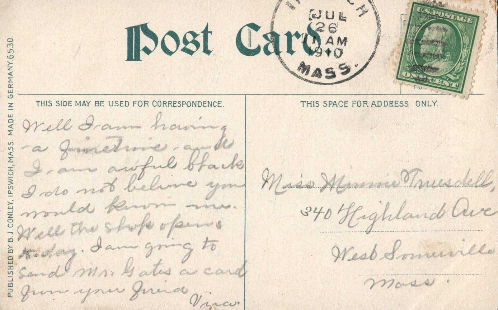 Steamer Carlotta at Little Neck, Ipswich, Massachusetts Mass Postcard