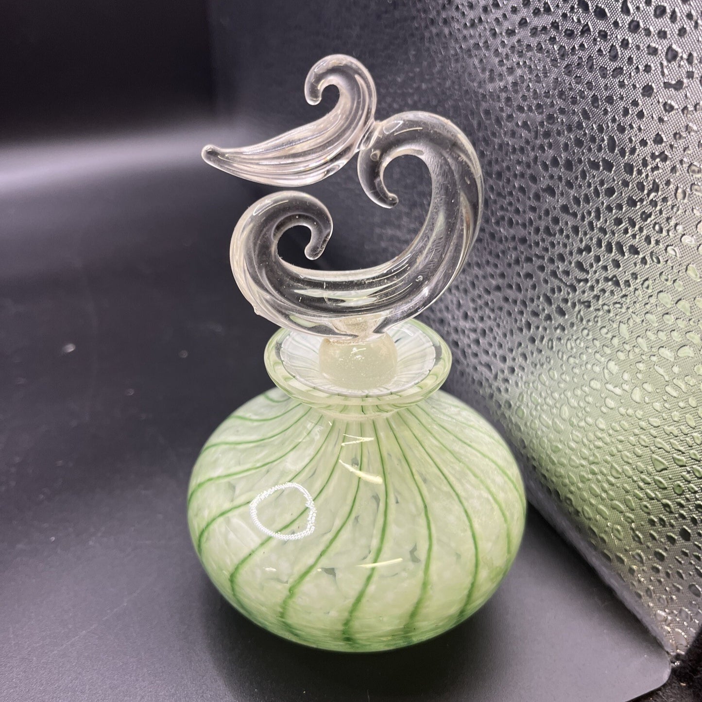 Art Glass Satin Blown Swirl Drape Motif Perfume Bottle Green Clear Stopper Vtg