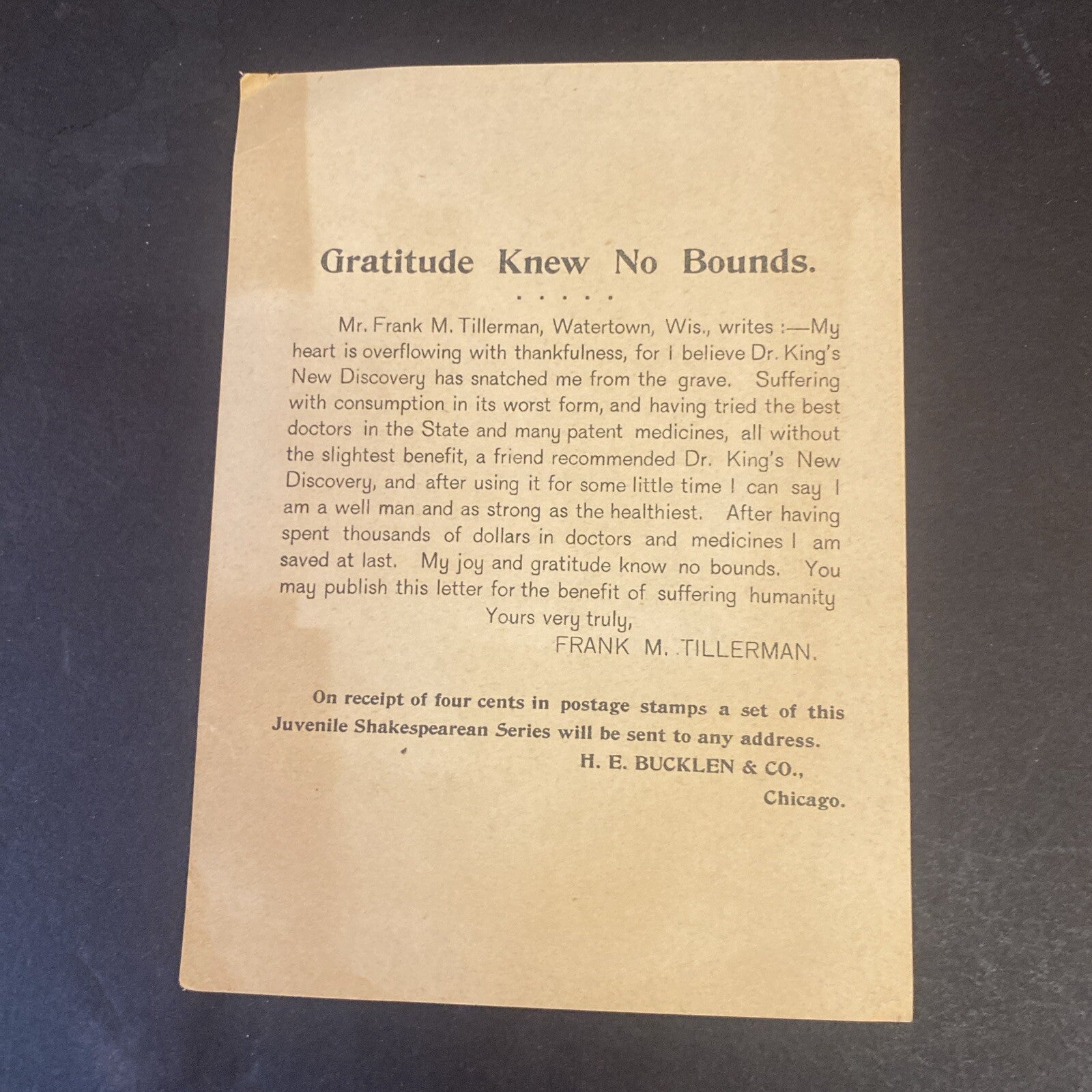 H E Bucklen 1895 Dr Kings New Discovery Shakespeare Victorian Trade Card # 4