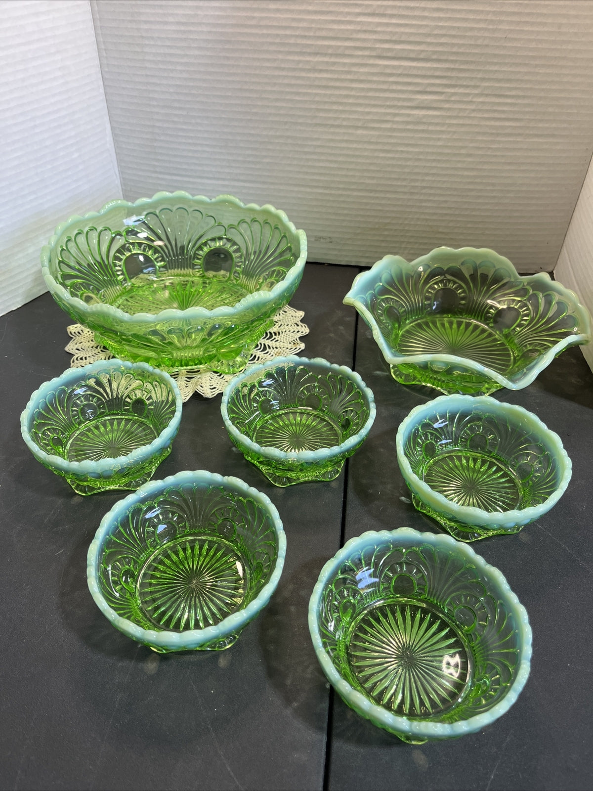 Antique Jefferson Glass 1907 Tokyo Green Opalescent Large, Med & 5 Small Bowls