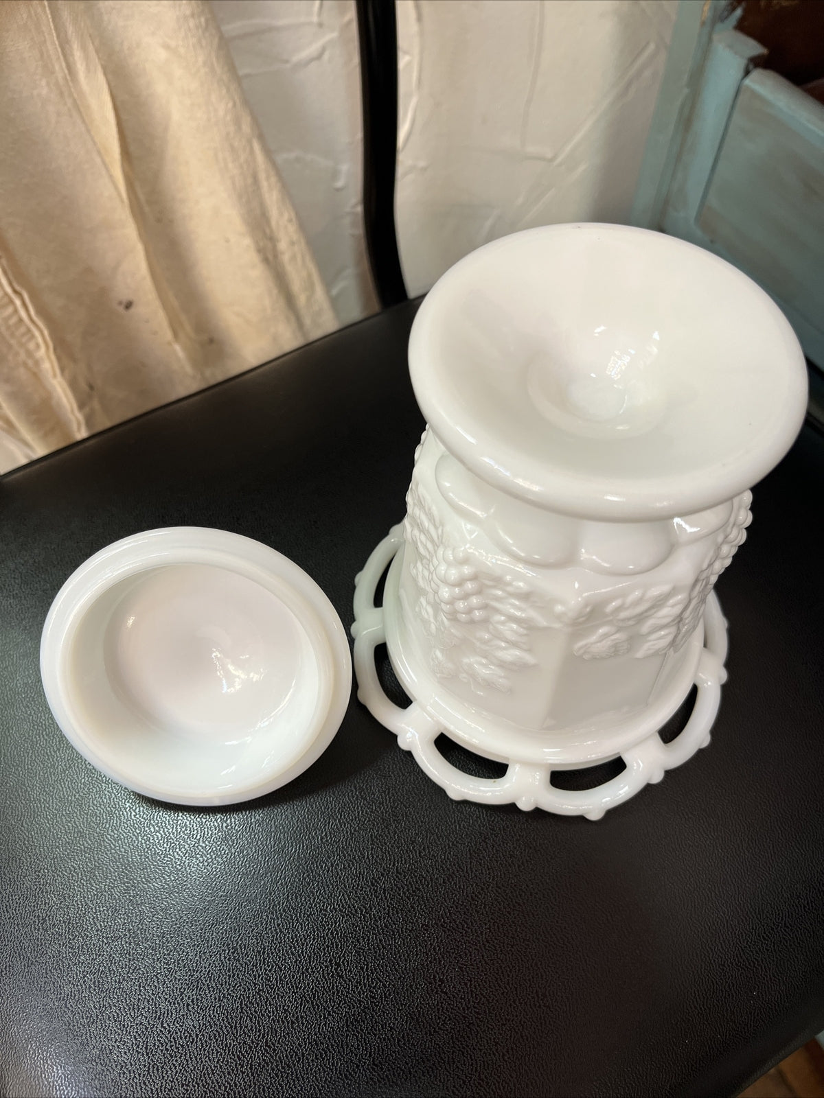 Vintage Westmoreland Milk Glass Basket Split Handle Grape Vine Pattern 6.5"