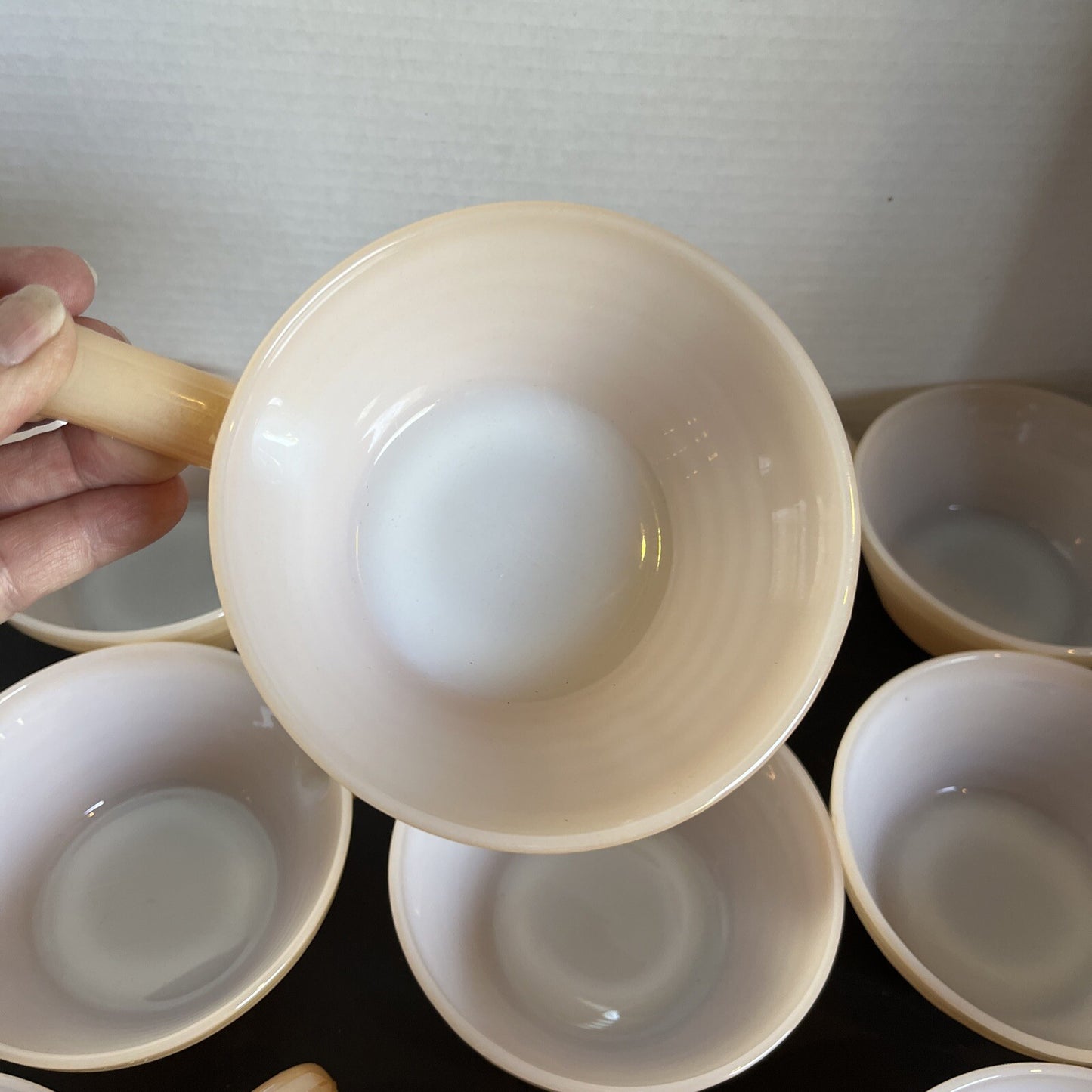 Fire King Iridescent Peach Luster Beehive Oven Ware Bowl w/Handle Vtg USA (10)