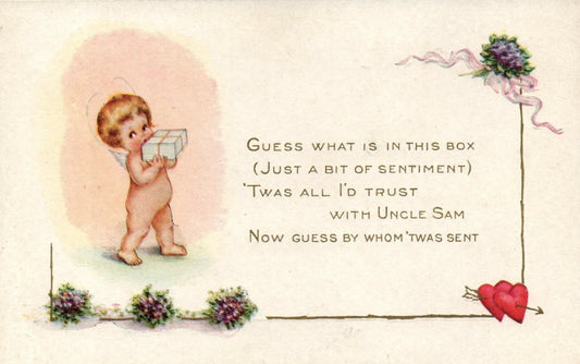 Little Cupid Holding A Box Guess Whats Inside Trust Uncle Sam Valentine Postcard