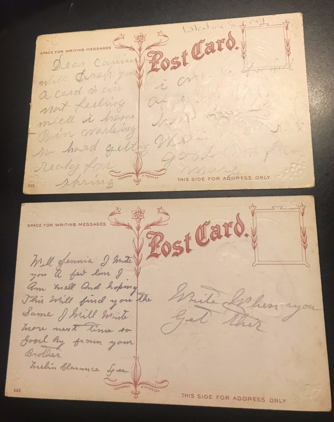 Set of 2 Valentines Inclination and Expectation by H Wessler Postcards 522