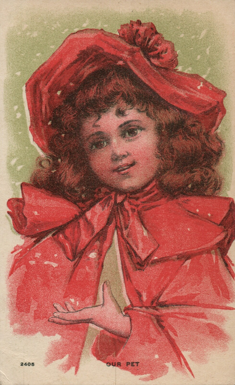 Pretty Young Girl in Red Coat and Hat Snowing "Our Pet" 2405 Children Postcard
