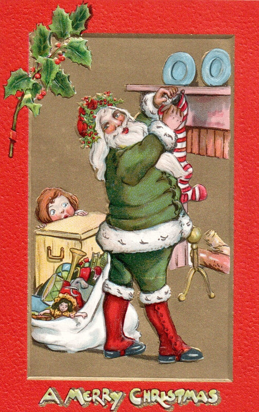 A Merry Christmas Santa Putting Gifts in Stocking Vintage Christmas Postcard