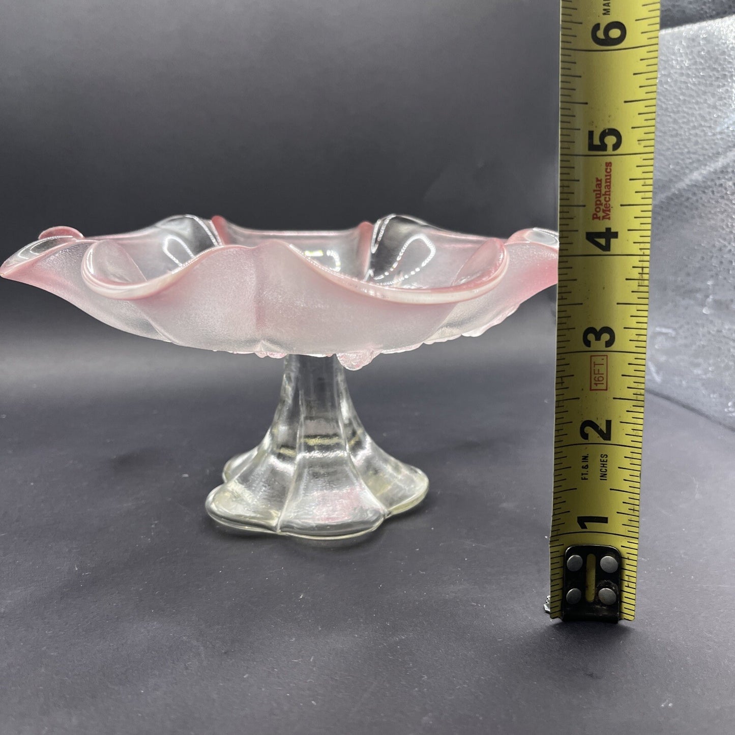 Glass Footed Candy Dish - 2 Tone Pink and Clear, Flowers Leaves Hummingbirds 8”
