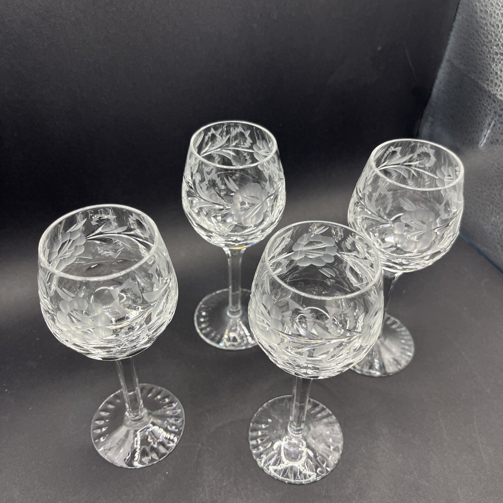 4 IMPERIAL CRYSTAL ALEXANDRA ETCHED STEM 6 oz. WINE GOBLETS GLASSES - 7 1/4" H