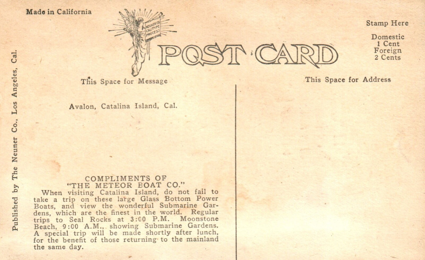 Glass Bottom Power Boat "Empress" Catalina Island  CA California Postcard