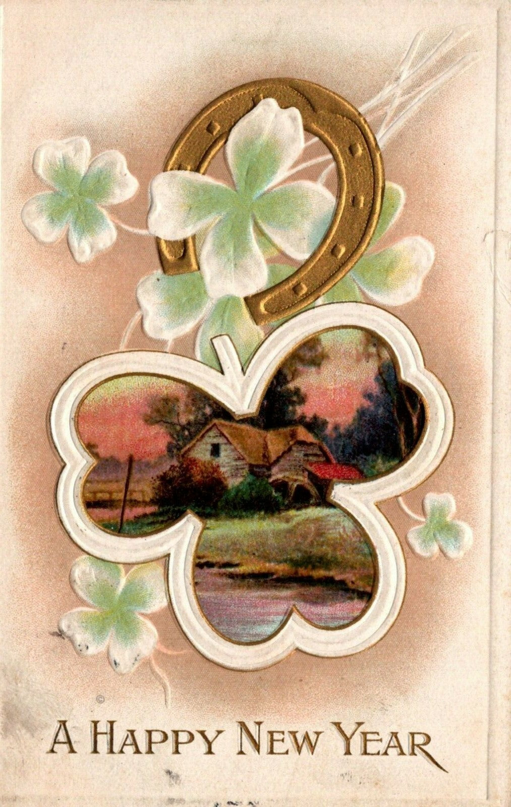 Three Leaf Clover Gold Gilt Horseshoe Happy New Year Holiday Postcard Series 61?