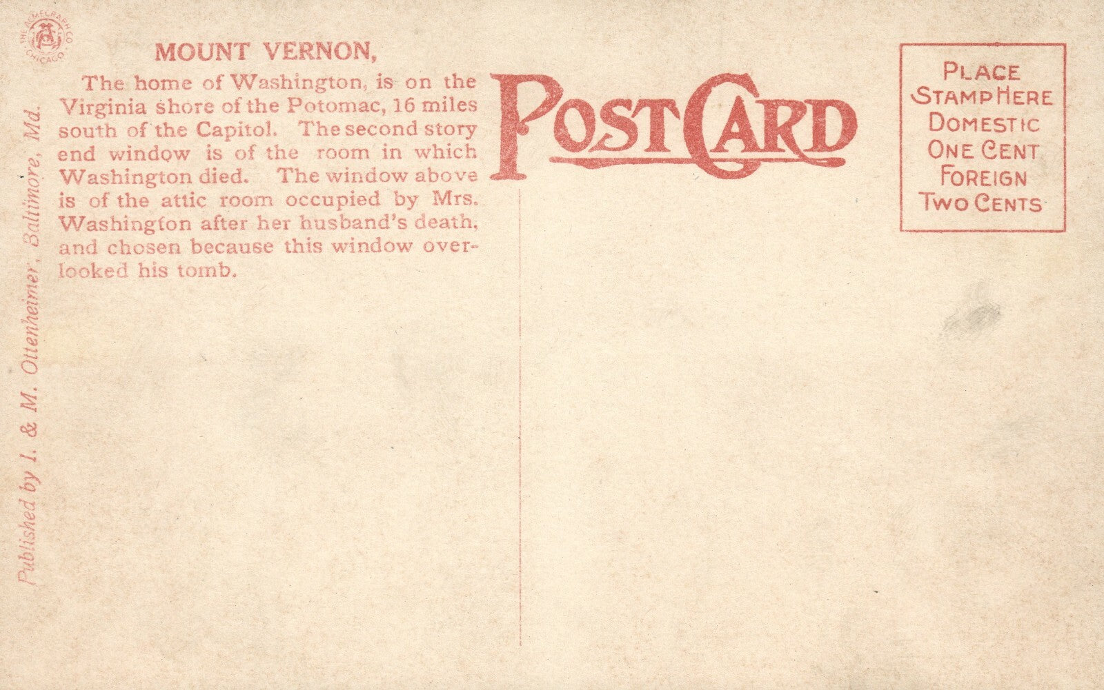 10798 Washingtons Mansion Mount Vernon VA Virginia  Postcard