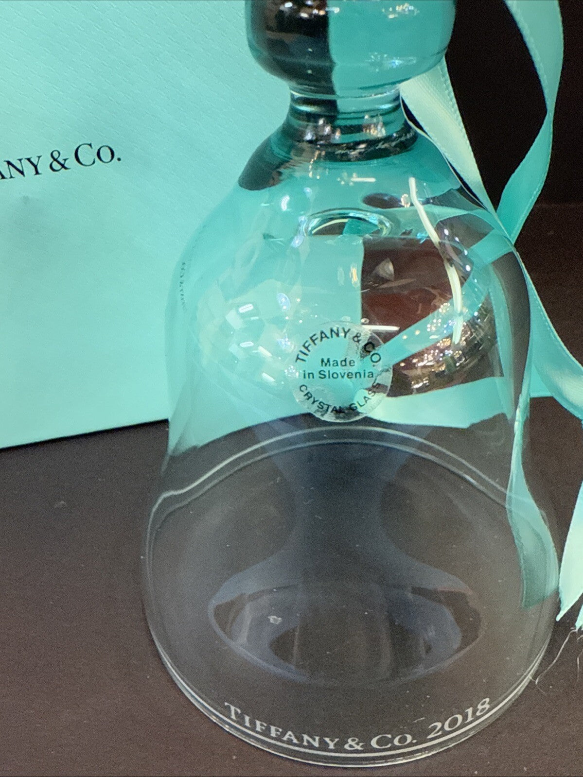 Tiffany & Co Blue Crystal Bell Ornament Glass WITH Ribbon & BOX 4½” 2018 Holiday