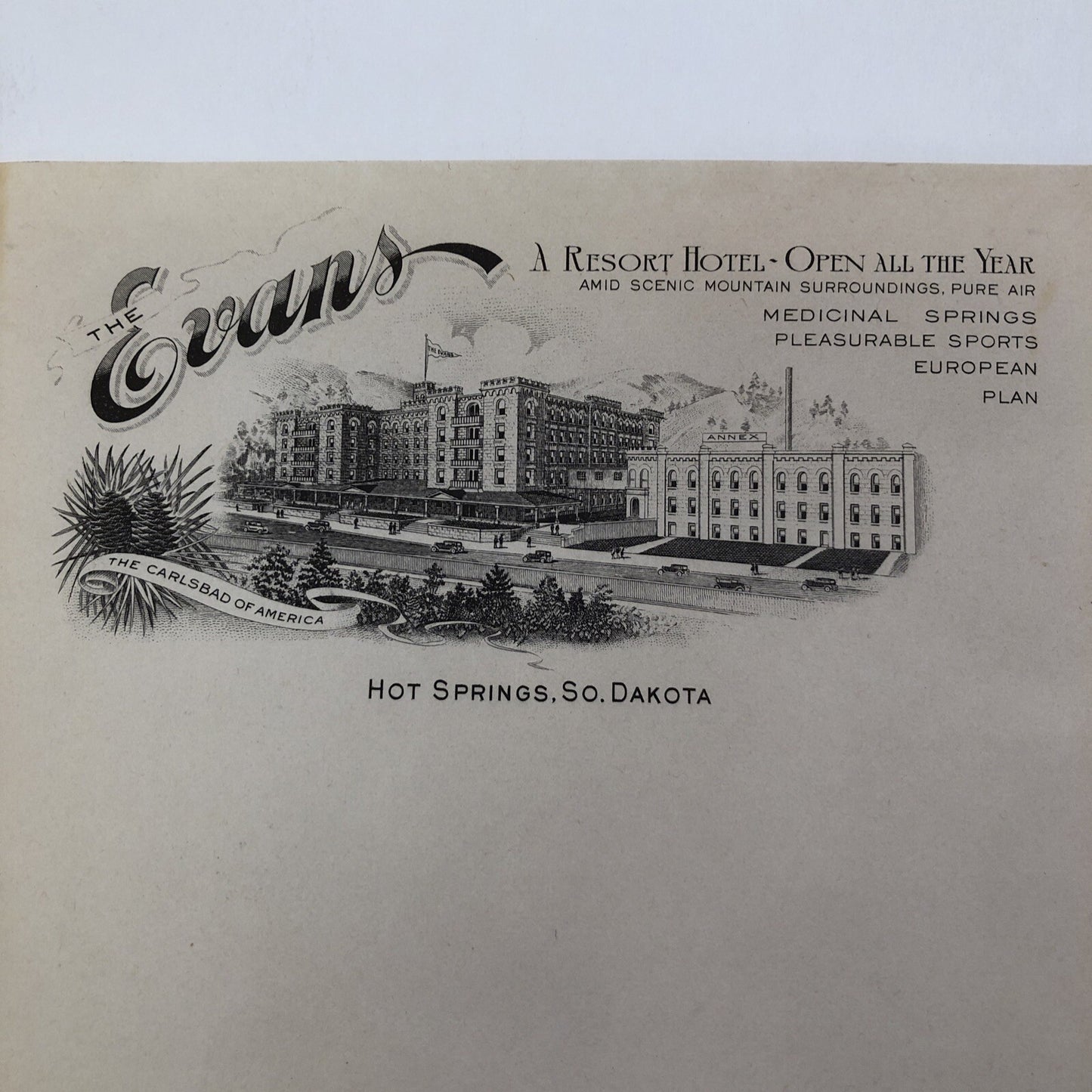 Hot Springs South Dakota The Evans Resort Hotel  Stationery 10 Sheets