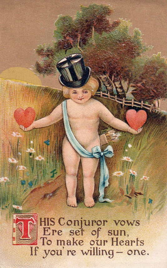 Postcard c1910's Valentine Cupid Angel with Hearts Conjuror Vows Embossed No v2
