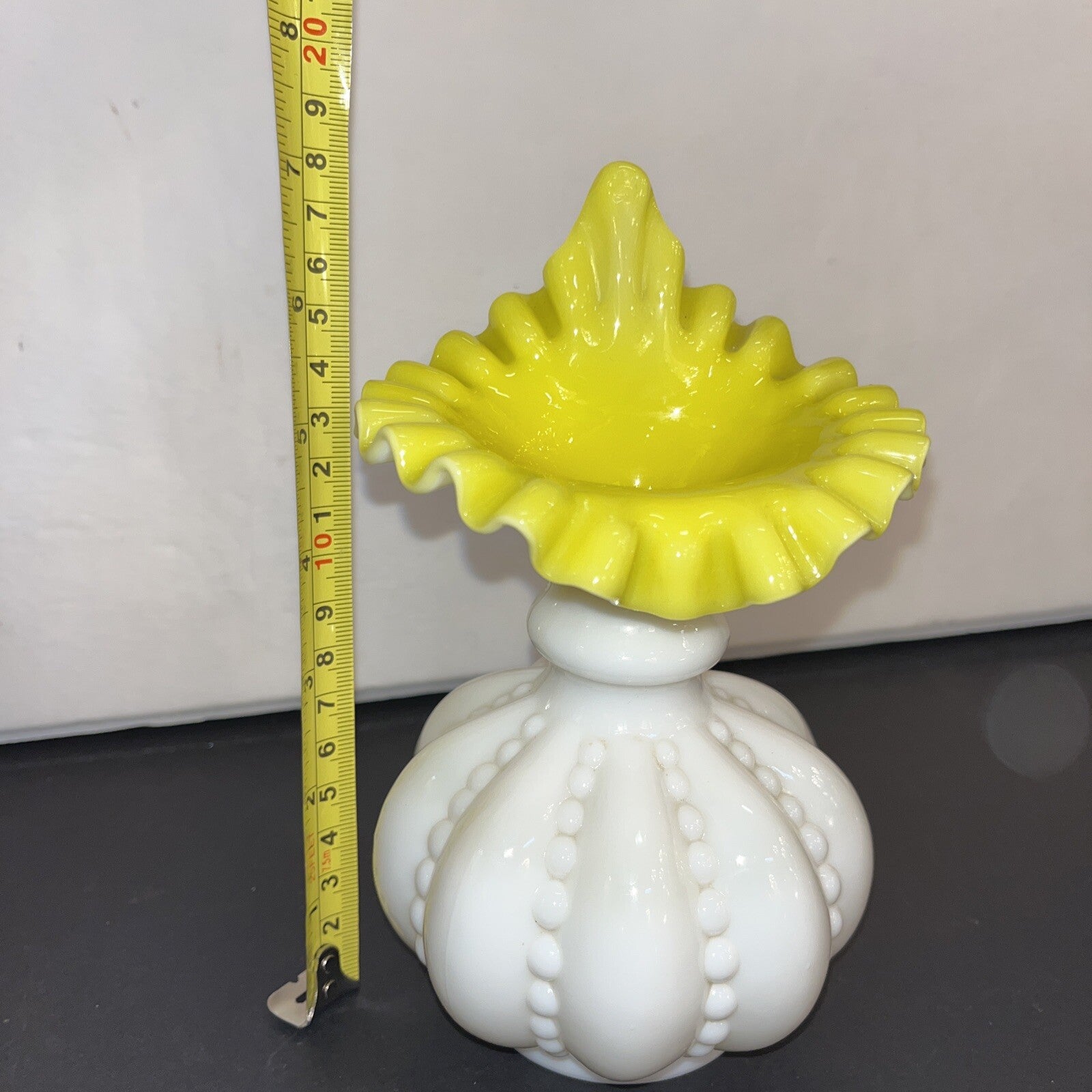 Fenton Vtg Mini Yellow Overlay Beaded Melon Vase 7” Rare