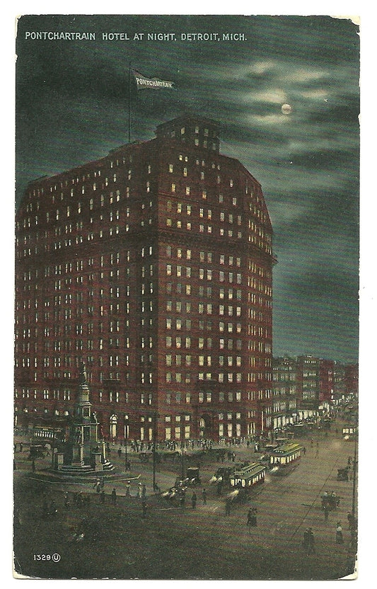 Pontchartrain Hotel at Night Detroit Michigan MI Trolly people Postcard