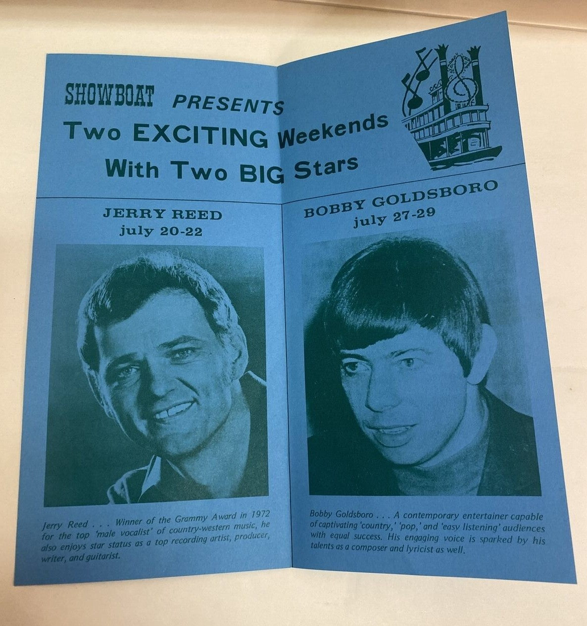  1972 Jerry Reed Bobby Goldsboro Lowell Showboat Mi Michigan brochure 