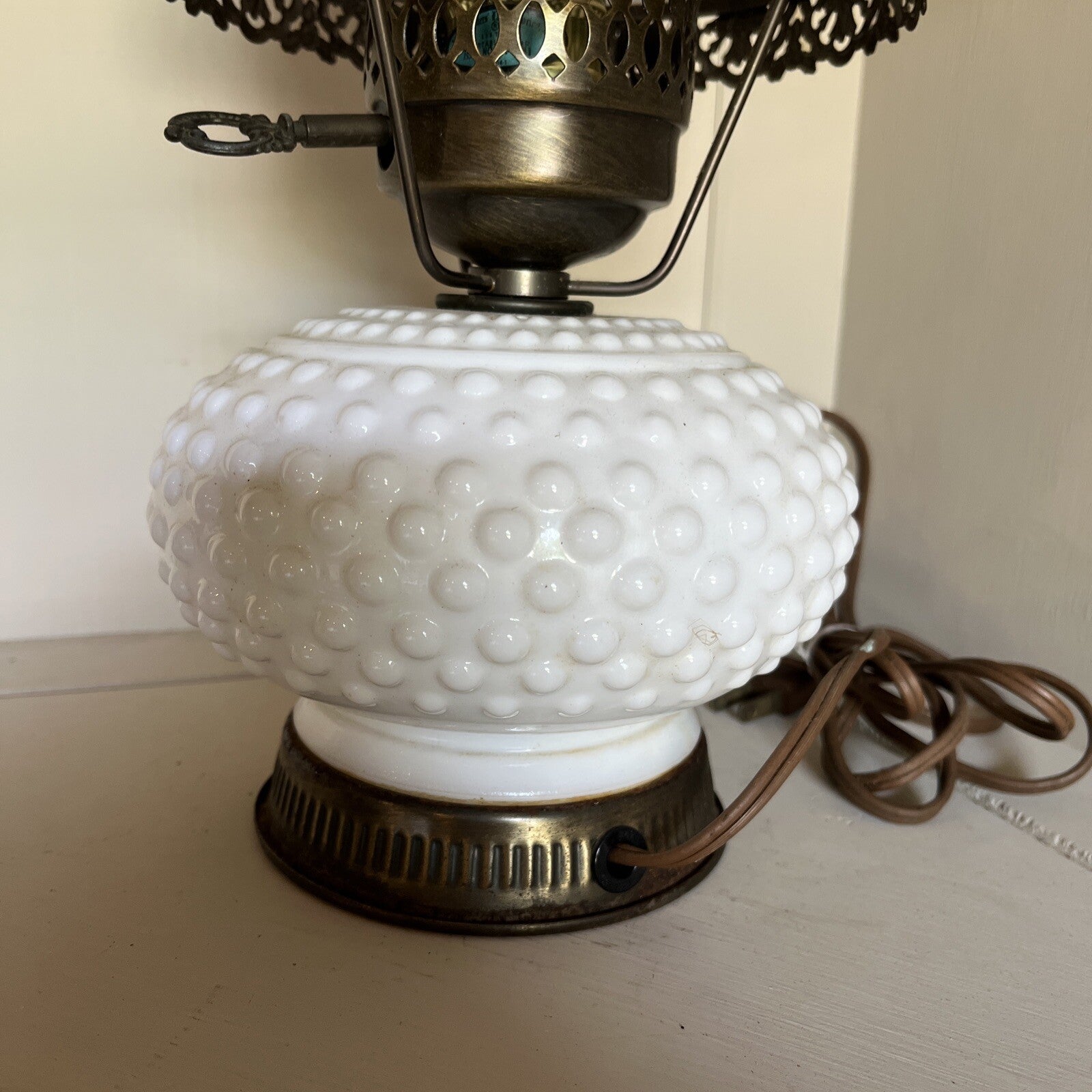 Hobnail Table Lamp Milk Glass Body Globe Parlor Dresser Lamp